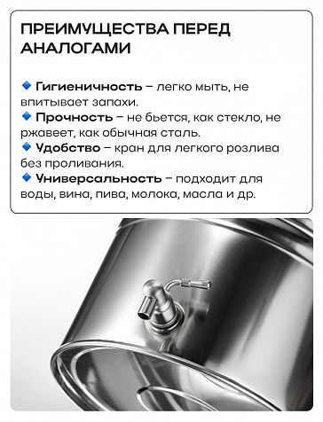 Пищевая бочка из нержавейки, 20 л, с крышкой, краном, завальцованным дном